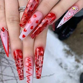 Love Heart Nail Art Glitter Sequins, 3D Laser Red Glitters Flakes Decor, Heart Nail Art Sequins Design Supplies for Nail Art Gel Polish Dipping Powder, Women Manicure Decorations Resin Nail Art Tips