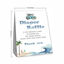 YKYENR Surf Beach Theme Baby Shower Party, Diaper Raffle Game Kit，1 Diaper Raffle Standing Sign & 50 Tickets，Baby Shower Decorations，Party Favor And Supplies-NBLK-A08