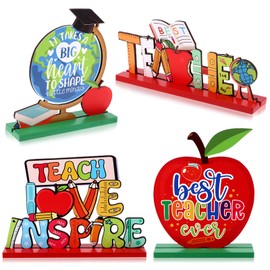ULELE 4 Pcs Teacher Appreciation Ornament Gifts Best Teacher Sign Table Decoration Wooden Apple Standing Graduation Appreciation Leaving Gift Thank You Teacher Table Topper for Teacher Nursery