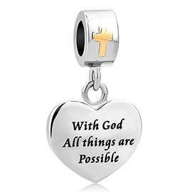 CharmSStory Heart Bible Verse Charm with God All Things are Possible Cross Charm for Bracelets Pendant
