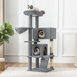 Adeco 52.7in Multi-Level Cat Tree Tower for Indoor Cats with Scratching Posts, Plush Perches, Cozy Condo, Climbing Ladder, Hammock, Toys, Cats Furniture Activity Center for Large Cats, Grey