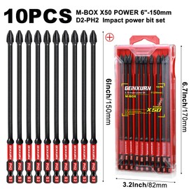Geinxurn Impact Tough 6 in. #2 Phillips Screwdriver Bits Set,10 Pack Magnetic D2 Steel Long Cross PH2 Power Driver Bits with Storage M-Box
