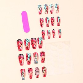 CJDLTS Crack Press on Nails Medium Ballet Shaped Full Cover Glossy Red Green Black Crack Acrylic Fake Nail Medium Artificial Fingernails DIY Reusable Press Ons Stic on Nails for Women 24Pcs