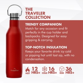 GrandTies Stainless Steel Water Bottles with 2 Lids | Slim Vacuum Insulated Cupholder Flask | Reusable Leak Proof BPA-Free Keep Cold Water Bottle for School Gym Travel Sports (Cranberry)