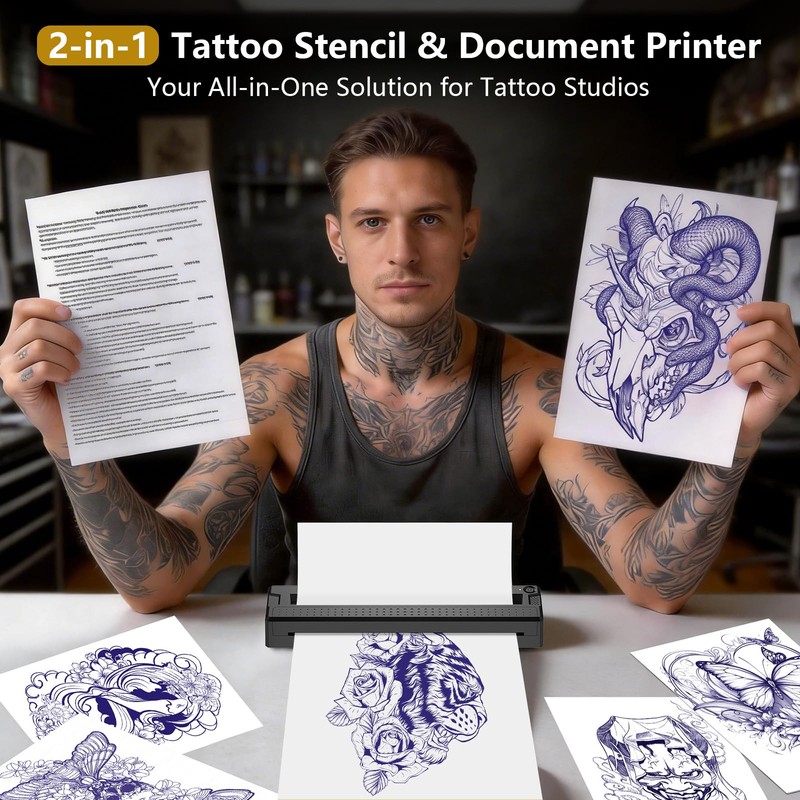Bagana Tattoo Stencil Printer, 2-in-1 Wireless Bluetooth Thermal Printer for
