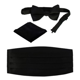 Gioberti Men's Adjustable Satin Cummerbund Set With Formal Bow Tie and Pocket Square, Black