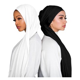 ENSTILER 2PCS Women Hijab Scarfs Solid Color Muslim Head Scarf Stretch Jersey hijab muslim scarf (black,white)