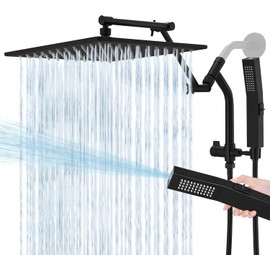 All Metal 12 Inch Rain Shower Head with Handheld Built-in Power Wash Mode, High Pressure Waterfall Rainfall Square Shower Heads with 16" Adjustable Extension Arm, Dual Showerhead, Matte Black