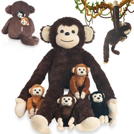 XYHQYB 5 PCS Monkey Stuffed Animal, Large Huggable Stuffed Monkey Toy with 4 Baby Monkeys Inside, Long Arm Hanging Plush Monkeys for Kids Back to School Forest Party Decor Christmas Birthday Gifts