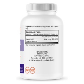 BESTVITE Vitamin B12 (Methylcobalamin) 5000mcg (240 Vegetarian Capsules) (Methyl B12) - No Stearates - Vegan - Non GMO - Gluten Free