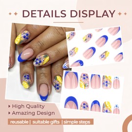 Cute Blue French Tip Press on Nails Medium Almond Fake Nails with Designs Lemon Blueberry False Nails Bohemian Glue on Nails Flower Full Cover Artificial Stick on Nails Acrylic Nails for Women 24Pcs