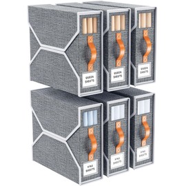 HIPLIYS 6 Pack Bed Sheet Organizers and Storage, foldable bed sheets organizer for linen closet, bedsheet storage box with leather handle and visual window, Gray