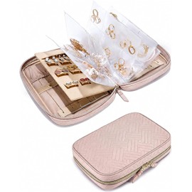 Joyero para Mujer de Viaje, Alajeros Joyeria Mujer con Hojas Sueltas, Joyero Organizador Portátil con Doble Cremallera para Aretes, Anillos, Collares, Pulseras, Pendientes, Regalos para Mujer (Rosa)