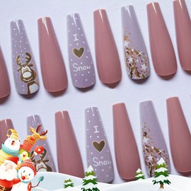 Aceorna Extra Long Press on Nails Glossy Coffin Fake Nails Snowflake Xmas Full Cover Acrylic Nail Christmas False Nails for Women and Girls 24PCS (Type B)