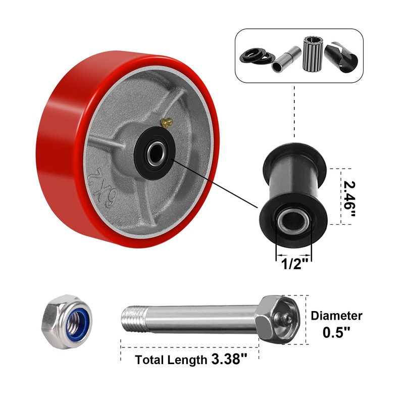 NINOSO 6" x 2" Heavy Duty Caster Wheels, 1/2" Bore