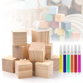 10Pcs Square Wooden Blocks Cubes, 5x5x5cm Unfinished Smooth Wooden Cubes, Natural Solid Wood Square Blocks with 6 Watercolor Graffiti Pens, Educational Craft Cubes for DIY, Painting, Carving
