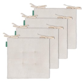 Zalvox Thin Chair Cushion for Dining Chair 4 Pack, Corduroy High Density Foam Kitchen Seat Cushion with Ties, Square 17" x 17" Indoor Fashion Non-Slip Chair Pads,White，4pcs