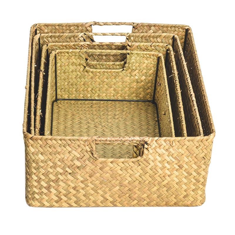 Handmade Seaweed Storage Basket Woven Storage Box with Handle for