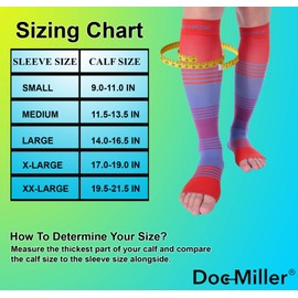 Doc Miller Calcetines de Compresión de Punta Abierta (1 par) 20-30 mmHg Medias de Compresión Para Ejercicio, Recuperación, Dolores, Varices, Mangas para Pantorrillas (Rojo Azul Morado, X-Grande)
