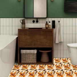 10PCS 12x12 Inch Orange Floral Peel and Stick Floor Tiles Removable Self Adhesive Vinyl Flooring Stickers for Bedroom Balcony Living Room Home Decor