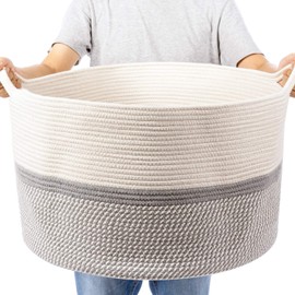 CHICVITA XXL Extra Large Cotton Rope Woven Basket, Throw Blanket Storage Basket with Handles, Decorative Clothes Hamper - 22" x 22" x 14" Gray
