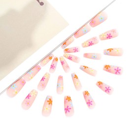Brishow Coffin False Nails Long Fake Nails Bright Flowers Press on Nails Ballerina Acrylic Stick on Nails 24pcs for Women and Girls (d)