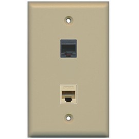 RiteAV - 1 RJ11 RJ12 Black Phone Port and 1 Cat6 Ethernet Port Wall Plate - Ivory - Bracket Included
