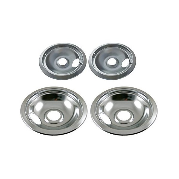 KITCHEN BASICS 101 316048413 and 316048414 Replacement Chrome Drip Pans for Frigidaire Kenmore - Includes 2 6-Inch and 2 8-Inch Pans, 4 Pack