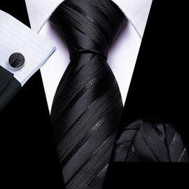 Barry.Wang Men Tie Set Stripe Black Silk Necktie Pocket Square Cufflinks Formal Business Wedding Party Prom