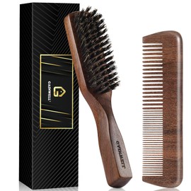 Mens Hair Brush Beard Comb Set, Slick Back Boar Bristle Hair Brush with Stiff Bristles for Thick Hair, Natural Black Walnut Gold Sandalwood Handle, Beard Mustache Brushes Comb Kit