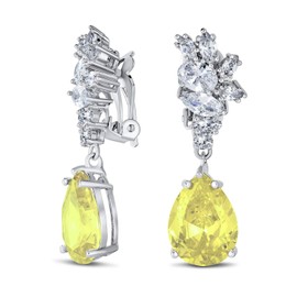 Vintage Art Deco Style Canary Yellow Cubic Zirconia AAA CZ Statement Dangle Formal Leaves Teardrop Chandelier Clip On Earrings Wedding Prom Silver Plated