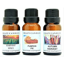 Crazy Candles 3 Bottles Set, 1 Harvest Spice, 1 Autumn Harvest, 1 Pumpkin Pie 1/2 Fl Oz Each (15ml) Premium Grade Scented Fragrance Oils