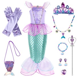 YELIY Disfraz Sirenita - Disfraces de Princesa Sirenita - Vestido Sirena Princesa Ariel - Vestido de Niñas con Corona de Varita Morada,Collar y Pulsera para Cumpleaños Fiesta, Cosplay, Halloween (120)