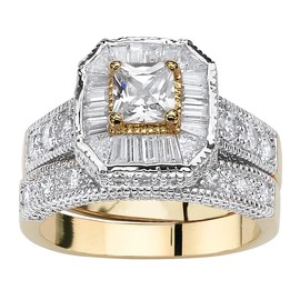 PalmBeach Yellow Gold-Plated or Platinum-Plated Sterling Silver Princess Cut Cubic Zirconia Vintage Style Bridal Ring Set Size 8