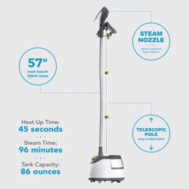 SF-562 Canister Garment Steamer, 96 Minute Run-Time, 2 Steam Settings, Adjustable, Removable Tank, 45 Second Heat Up Time, Chemical Free Steam, Integrated Garment Hooks, White