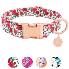 HSIGIO Soft Cotton Dog Collar, Adjustable Dog Collar with Metal Buckle, Red Rose with Pendant Girl Boy Dog Collars Gift for Small Medium Large Dogs (Small)