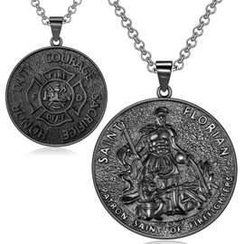 LES OSEWA Saint Florian Necklace for Firefighters 925 Sterling Silver St Florian Medal Pendant Religious Protector Medallion Jewelry Amulet Gifts for Fire Fighter Men Women with 22" Rolo Chain