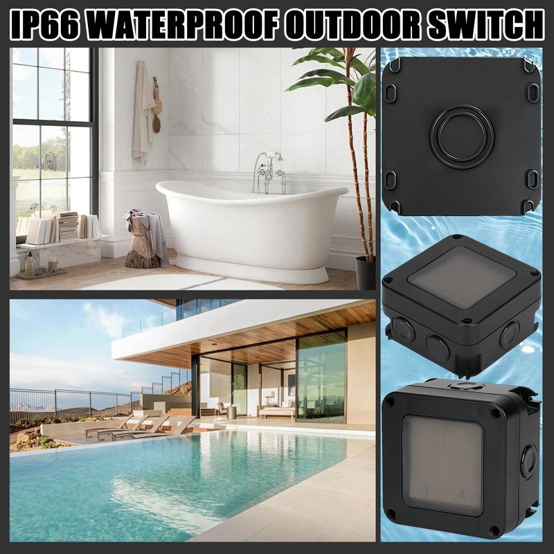 SPORWAY Surface-Mounted Switch, Waterproof, Wet Room Switch, Surface-Mounted, IP66 Waterproof