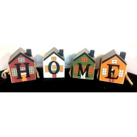 Harvest House Decor 4 Wooden Block Homes rope together Brand New Very Cute