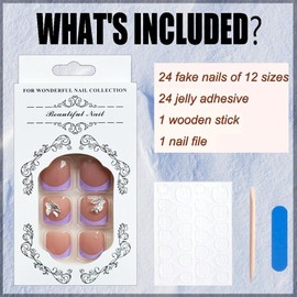 Press on Toenails Short Square Purple French Tips Fake Toenails Summer Beach Butterfly False Toenails with 3D Diamond Design Coffin Full Cover Toe Nails Press ons Glossy Toenails for Women 24Pcs