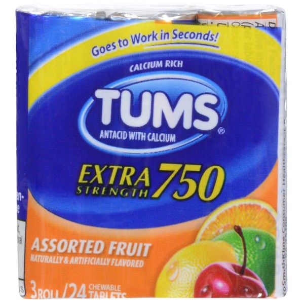 TUMS Extra Strength Assorted Fruit Antacid Chewable Tablets for Heartburn Relief, 3 rolls of 8ct