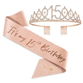 15th Birthday Crown and Sash, 15th Birthday Decorations for Girl 15 Years Old Girl Birthday Gifts 15th It's My 15th Birthday Happy 15th Birthday Party Favor Supplies