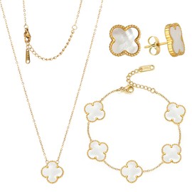 Genseion Lucky Clover Sets Necklace Pendant Earrings Bracelet for Women Girls 18k Gold Plated Charm Simple Cute Jewelry Womens Girls Gift, Titanium, No Gemstone,Gold-White-New