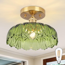 Loiogohot Flush Mount Ceiling Light,Green Hallway Lights Fixture Ceiling,9.4" Flower Light E26 Contains one 3000K Bulb Vintage Ceiling Light Fixtures for Porch Corridor Bedroom