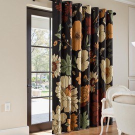 jinchan Lora Floral Curtain for Living Room Blackout Drape for Sliding Door Extra Wide Room Darkening Textured Fabric Vintage Flower Patterned Patio Door Curtain Grommet 1 Panel W100xL84 Inches Black