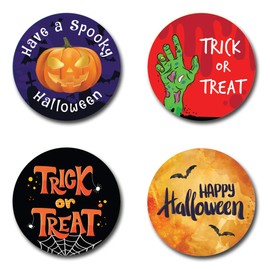 48 x Halloween Round Stickers for Party Bags, Trick or Treating or Sweet Cones - Pumpkin, Zombie Hand, Bats and Spiders Web (48 x Stickers)