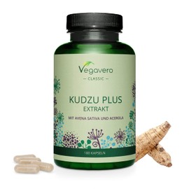 Kudzu Plus Vegavero® | High Strength Root Extract | 8% Isoflavones | No Additives | 180 Capsules (3 Month Supply) | 600 mg with Avena Sativa (Oat Extract) & Vitamin C | Vegan