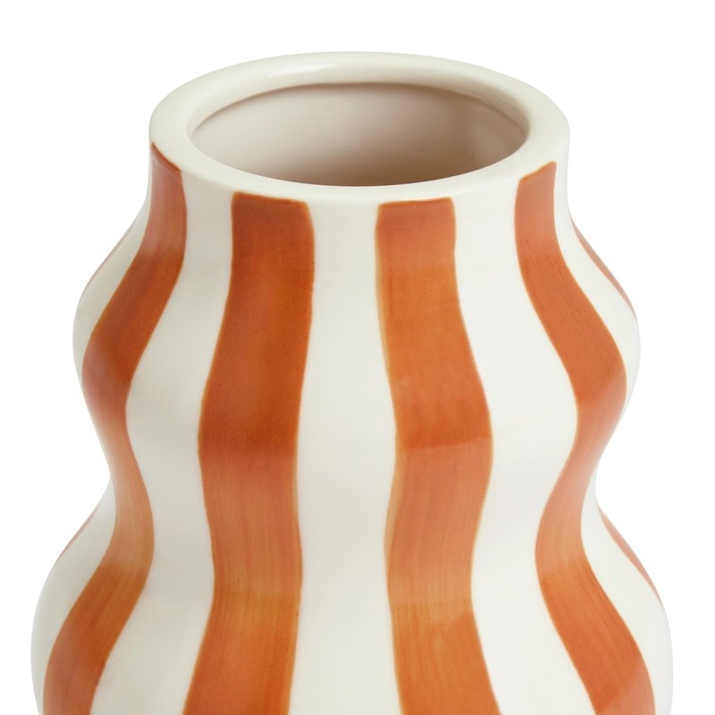 Modern Ceramic Vase with Vertical Stripes, Hand-Painted Rust and White