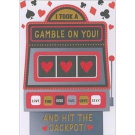 Sellers Publishing RSVP Gamble on You 3D Die Cut Slot Machine with Three Sparkling Red Hearts Hand Decorated Masculine Valentine's Day Card
