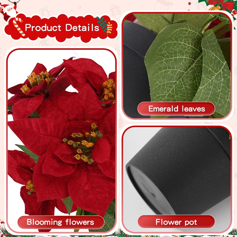 Poinsettias Flowers Artificial in Pot 2PC Small Red Christmas Plant